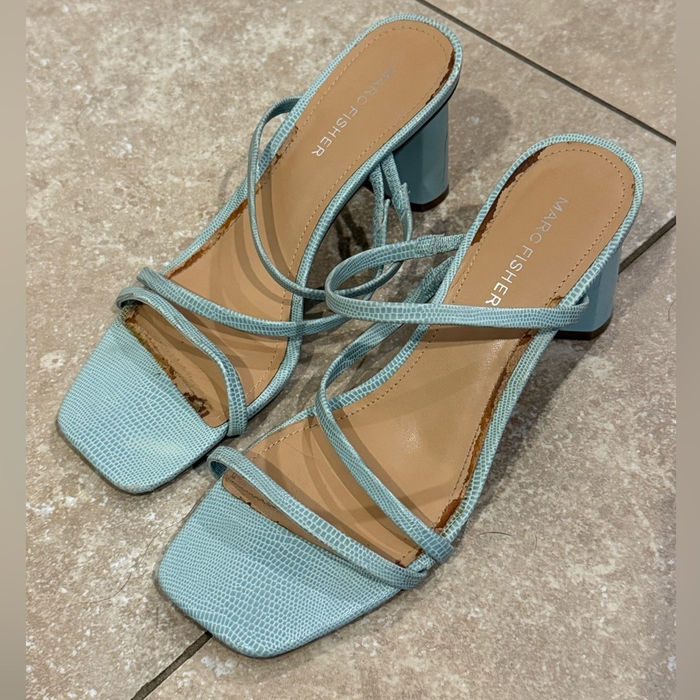 Marc Fisher Aliana Light Green/BlueMint Lizard-Embossed Strappy HighHeel Sandals